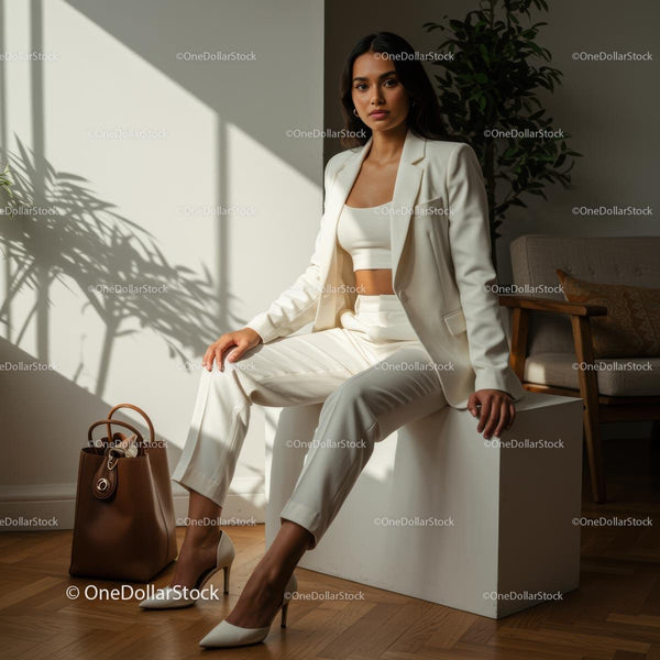 Elegant Woman in White Suit with Natural Light