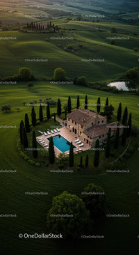 Aerial View of Tuscan Villa with Pool and Cypress Trees