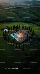 Tuscan Villa Surrounded by Lush Greenery and Cypress Trees