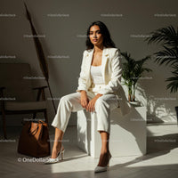 Confident Businesswoman in White Suit in Sunlit Office