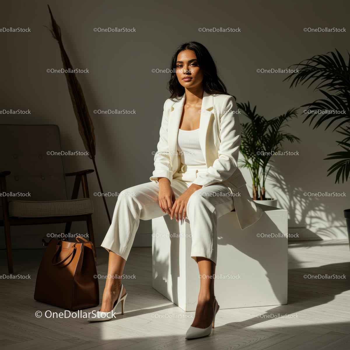 Confident Woman in Elegant White Suit in Modern Office