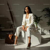 Confident Woman in Elegant White Suit in Modern Office