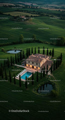 Tuscan Villa Surrounded by Cypress Trees at Sunset