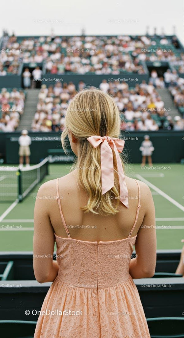 Blonde Woman in Pink Sundress Watching Tennis Match