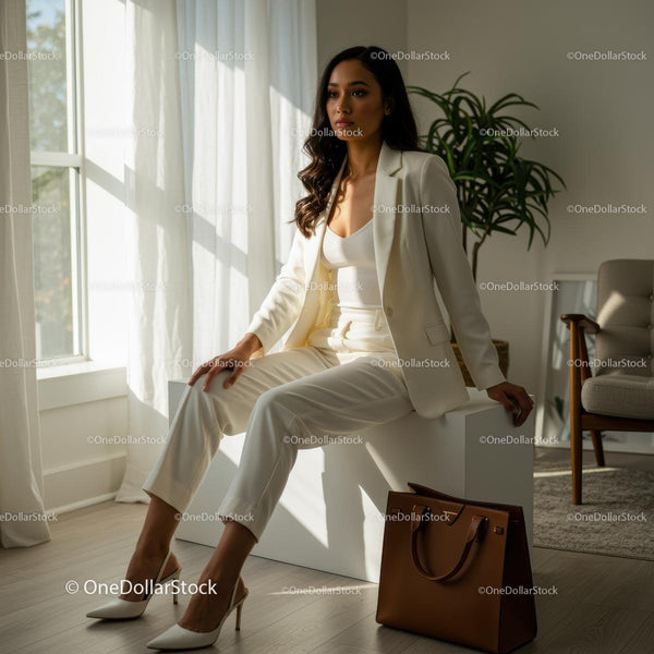Elegant Woman in White Suit Sitting in Sunlit Modern Office