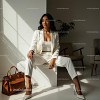 Confident Woman in Elegant White Suit in Modern Office