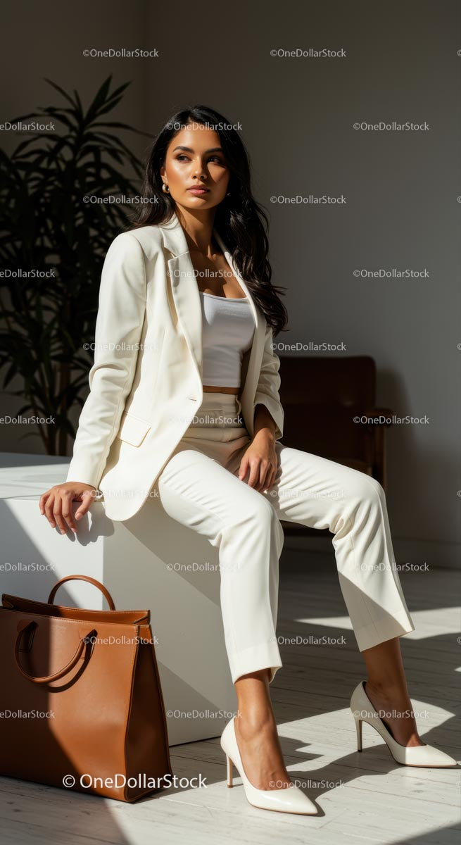 Elegancka kobieta w białym garniturze w słonecznym nowoczesnym biurze