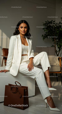 Confident Woman in Elegant White Suit with Brown Tote Bag