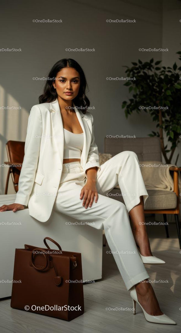 Confident Woman in Elegant White Suit with Brown Tote Bag
