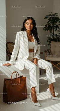 Professional Woman in White Suit with Luxury Handbag
