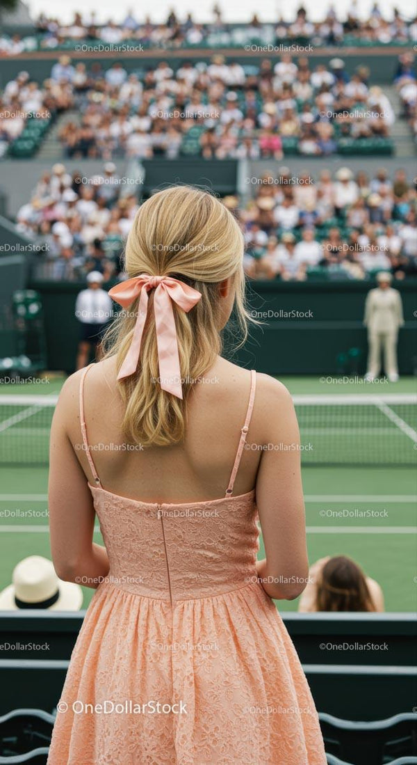 Spectator in Pink Dress Watching Tennis Match