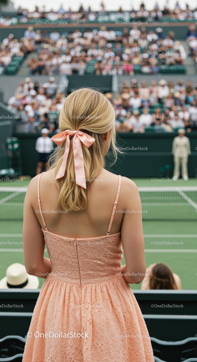 Spectator in Pink Dress Watching Tennis Match