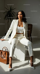 Confident Woman in White Suit with Luxury Handbag