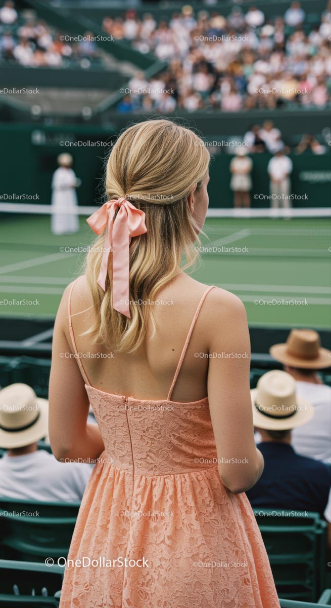 Elegant Woman in Peach Lace Dress at Tennis Match
