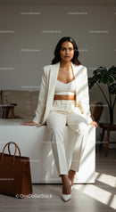 Elegant Woman in White Suit Sitting in Sunlit Room