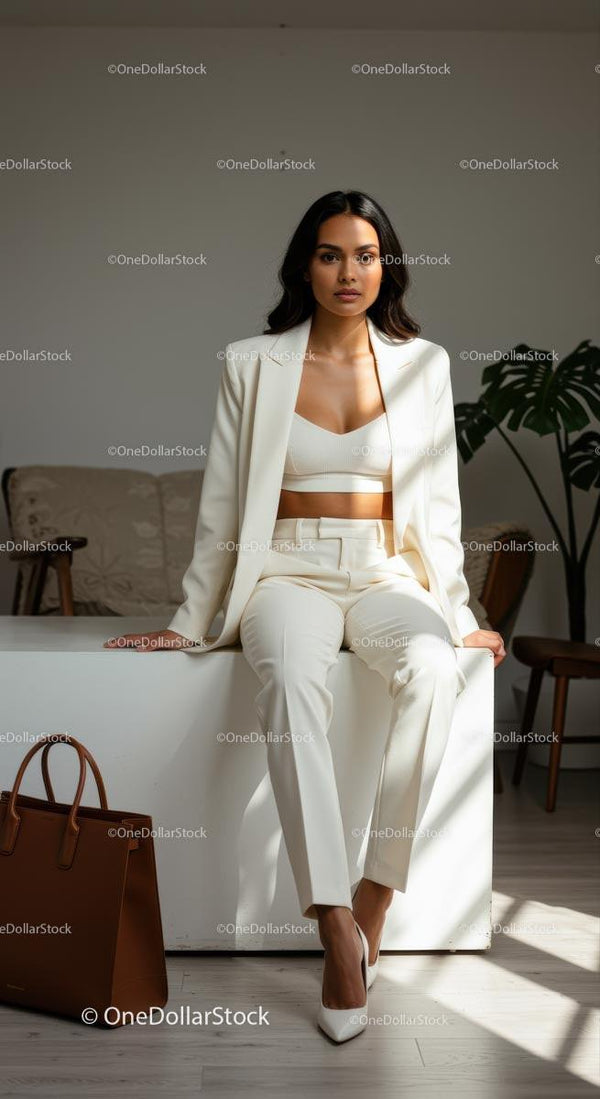 Elegant Woman in White Suit Sitting in Sunlit Room