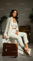 Elegant Woman in White Suit with Brown Handbag in Sunlit Room