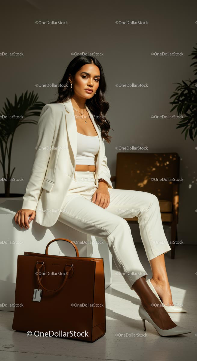 Elegancka kobieta w białym garniturze z brązową torebką w słonecznym pokoju