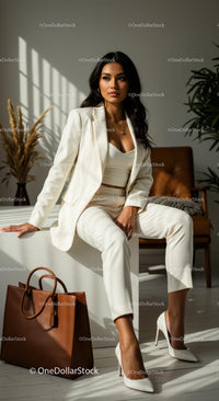 Confident Woman in Elegant White Suit with Leather Bag