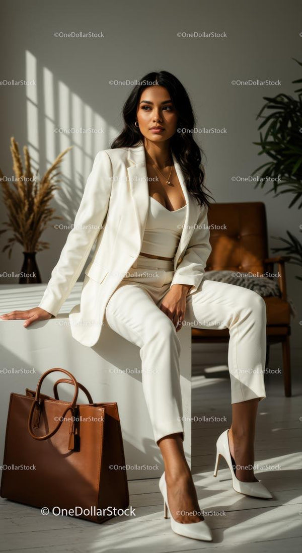 Confident Woman in Elegant White Suit with Leather Bag