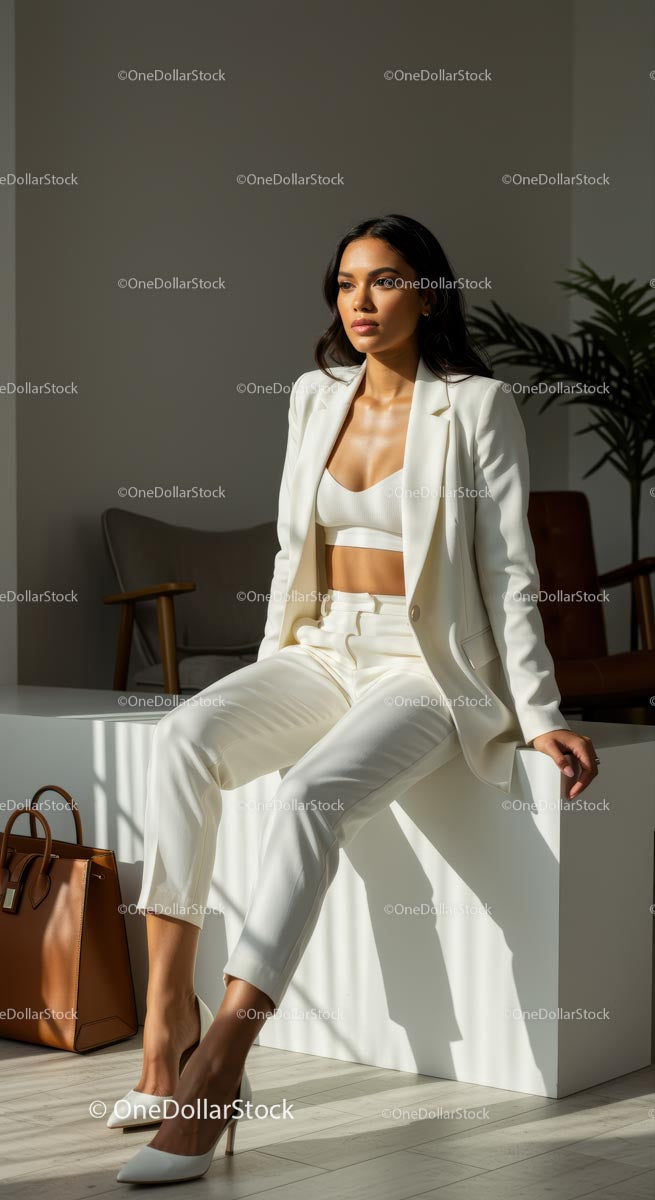 Elegant Woman in Modern White Suit in Sunlit Space
