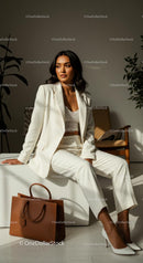 Chic Woman in White Suit with Stylish Handbag
