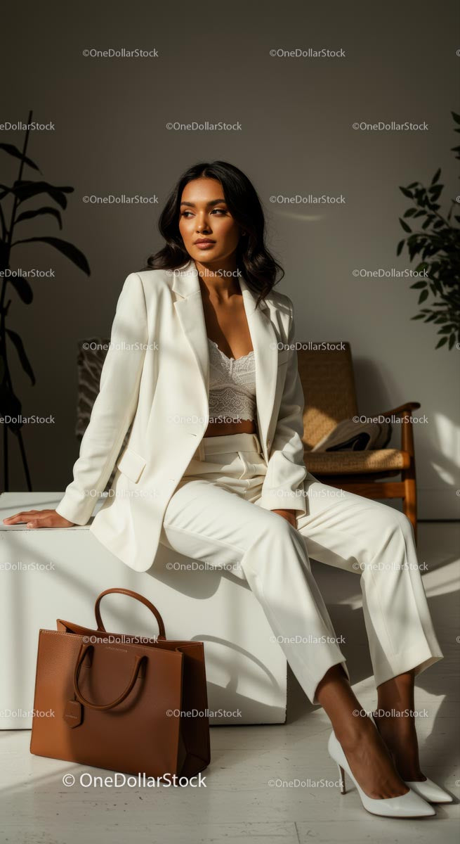 Chic Woman in White Suit with Stylish Handbag