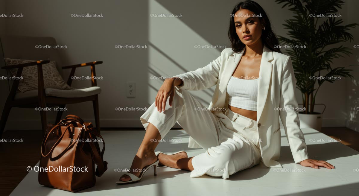 Elegant Woman in White Suit with Brown Leather Bag