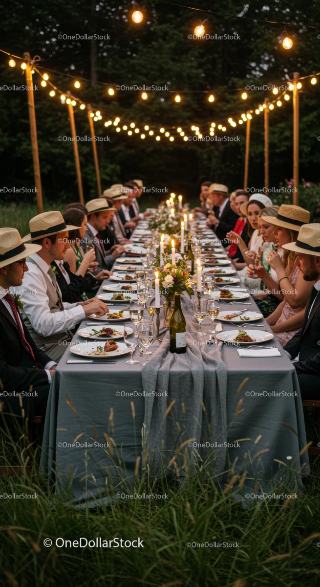 Elegant Outdoor Dinner Party with Festive Atmosphere