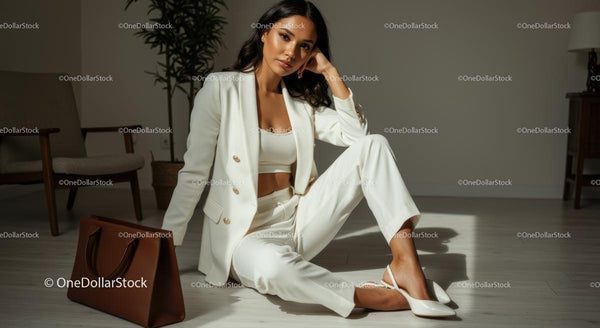 Elegant Woman in Chic White Suit Relaxing Indoors
