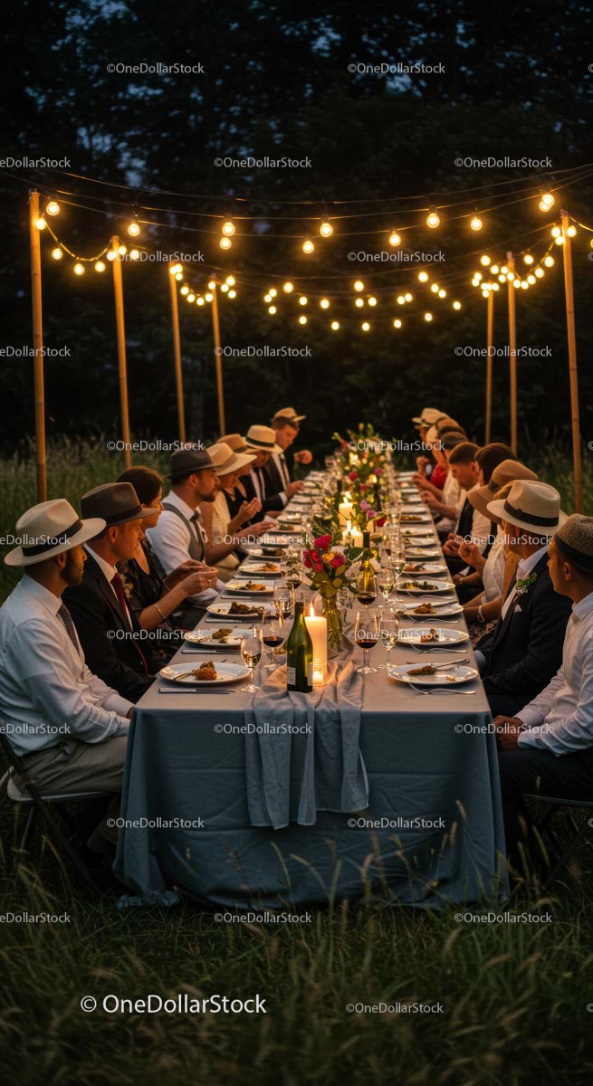 Elegant Outdoor Dinner Under Twinkling Lights in Nature
