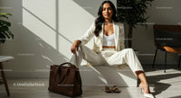 Confident Woman in White Suit with Brown Handbag