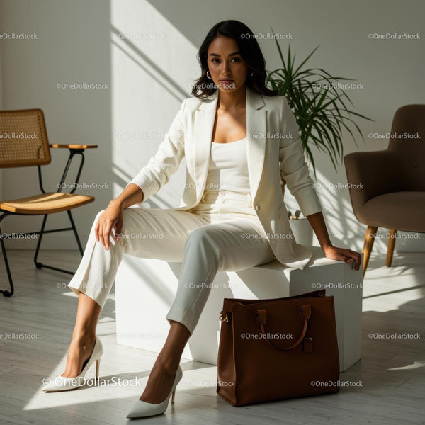 Elegant Businesswoman in White Suit in Modern Office