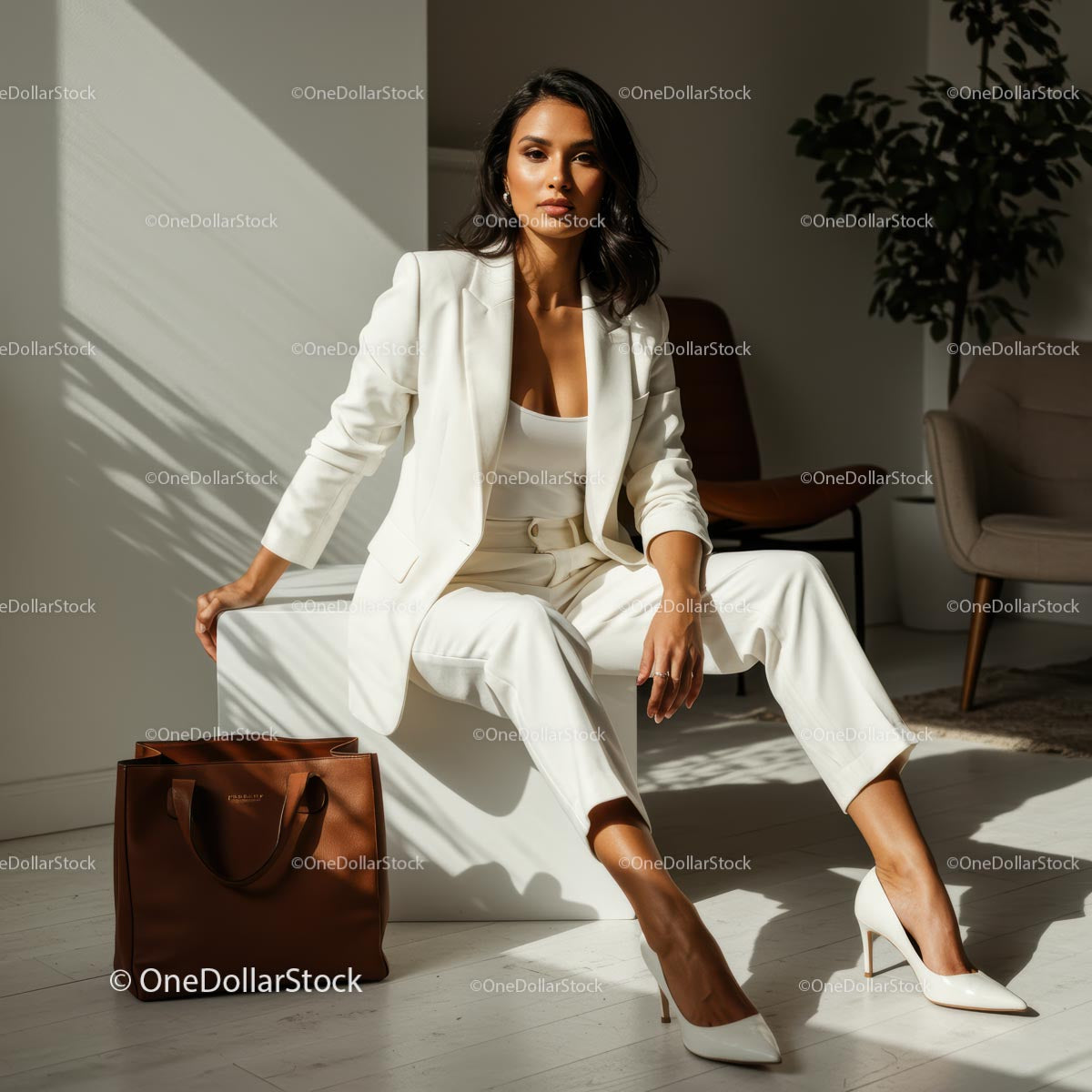 Elegancka bizneswoman w białym garniturze z brązową torbą