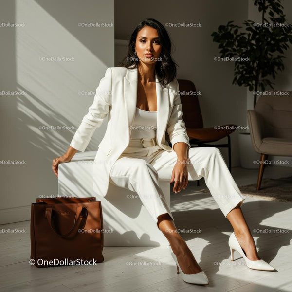 Elegant Businesswoman in White Suit with Brown Bag