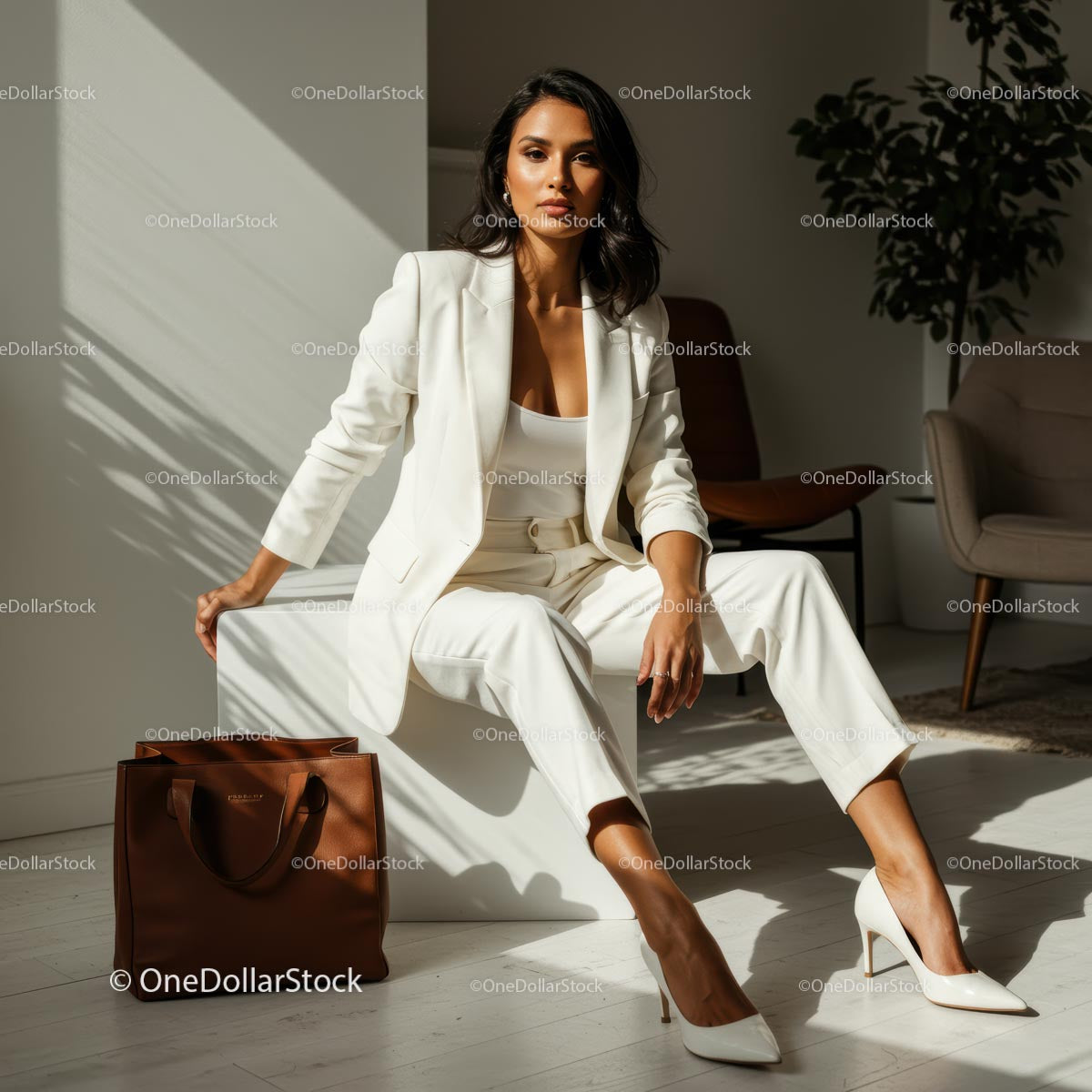 Confident Woman in Elegant White Suit in Modern Office