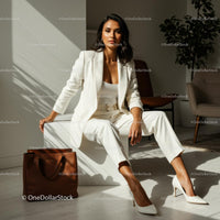 Confident Woman in Elegant White Suit in Modern Office