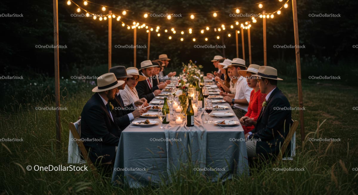 Elegant Outdoor Dinner Party with Festive Lighting
