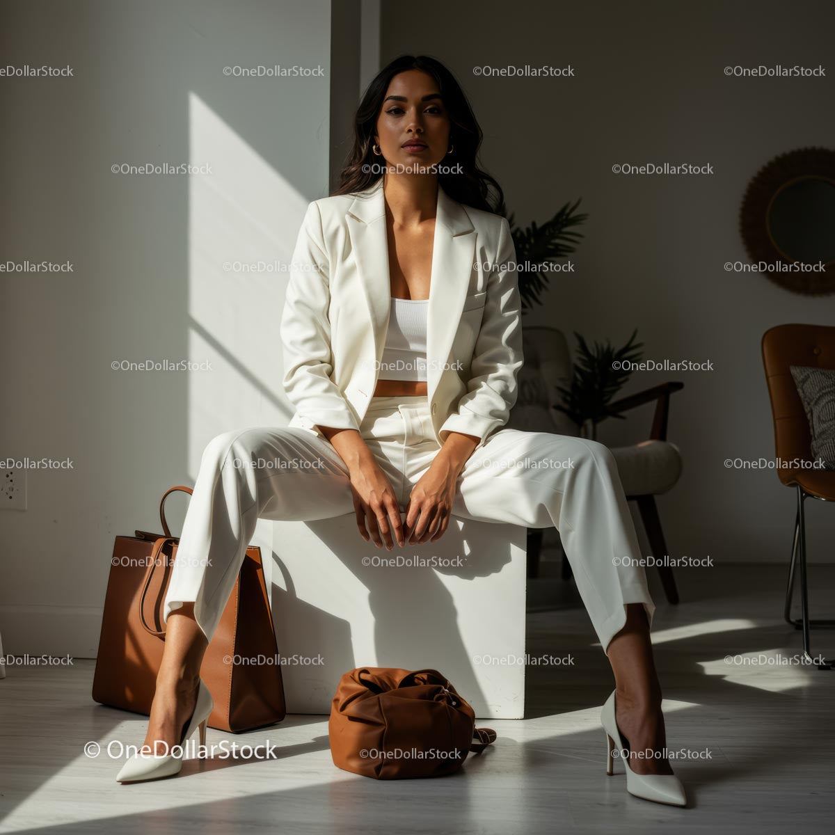 Confident Woman in Elegant White Suit with Accessories