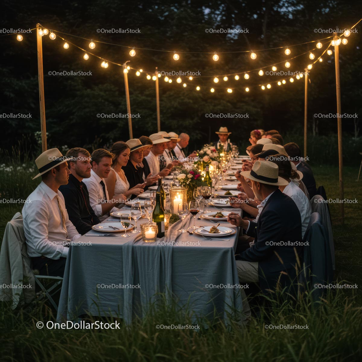 Elegant Outdoor Garden Dinner with String Lights