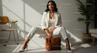 Elegant Woman in White Suit with Brown Leather Bag Indoors