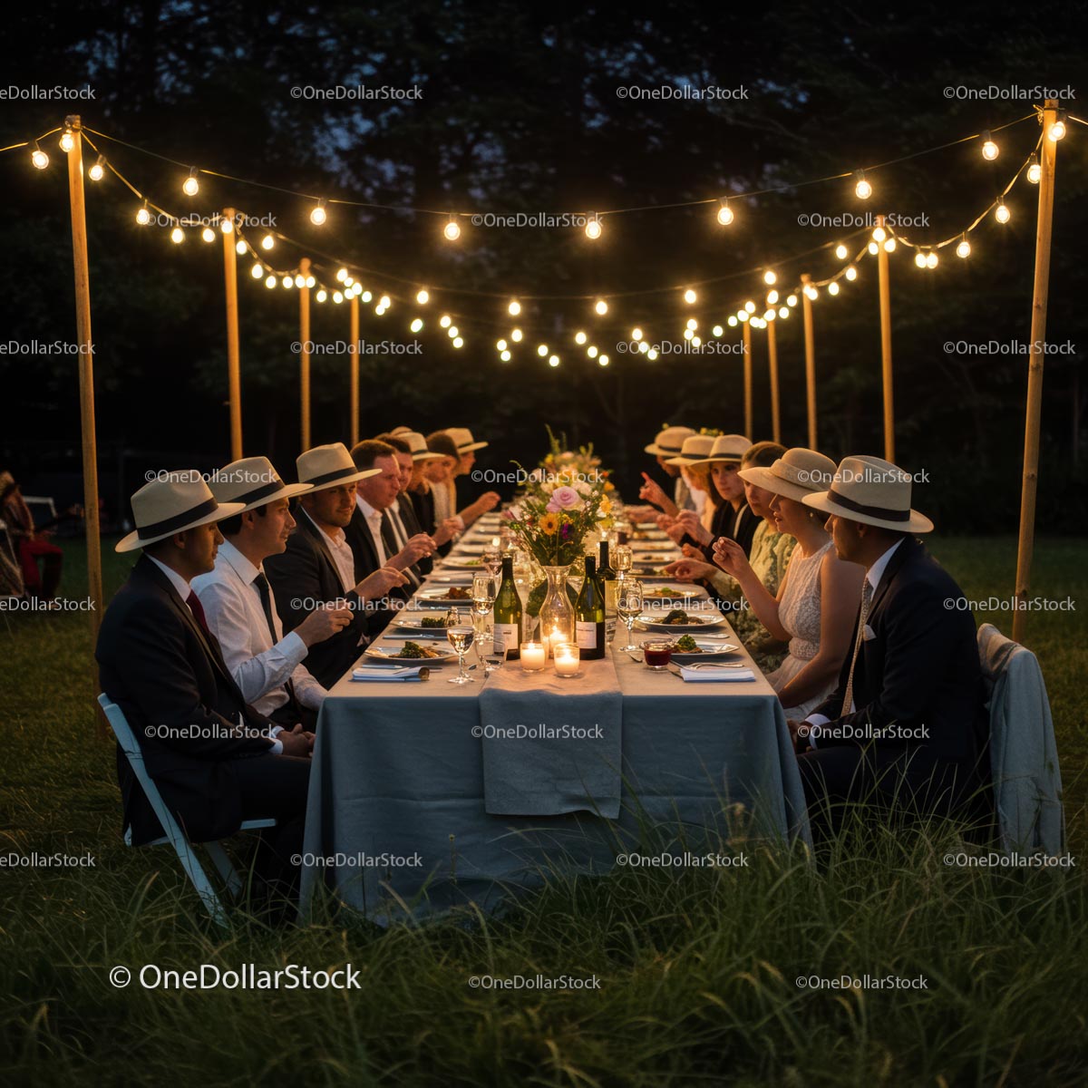Elegant Garden Dinner with String Lights and Candlelit Atmosphere