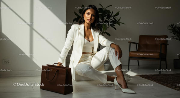 Elegant Woman in White Suit with Brown Leather Bag