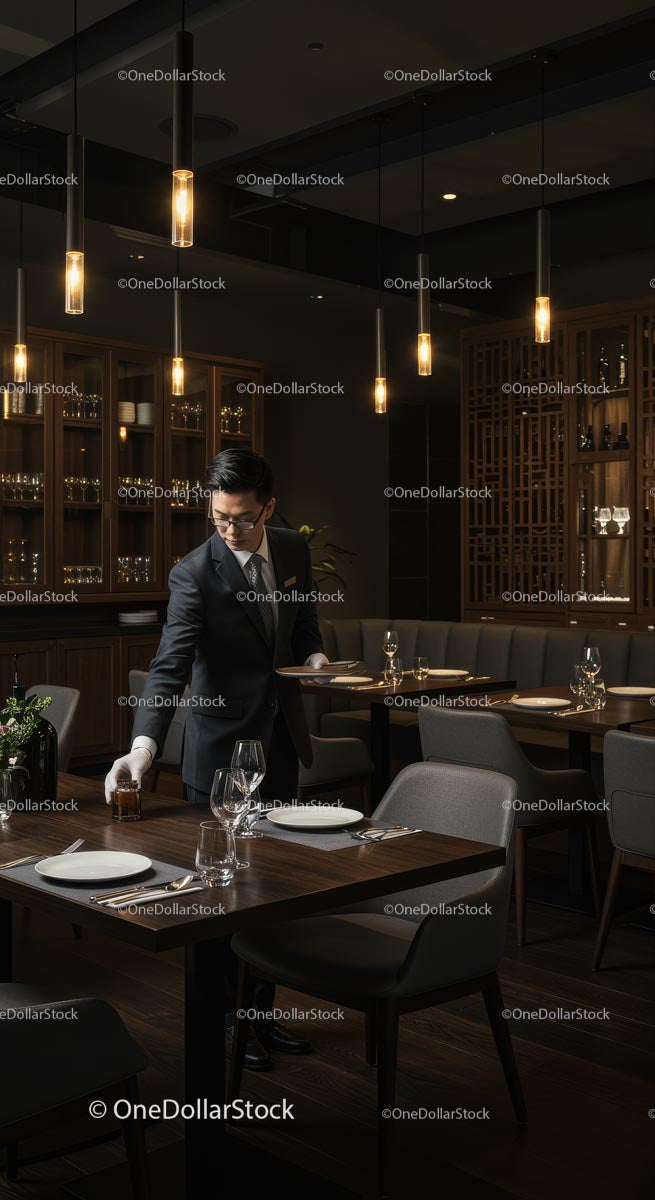 Professional Waiter Setting Elegant Restaurant Table