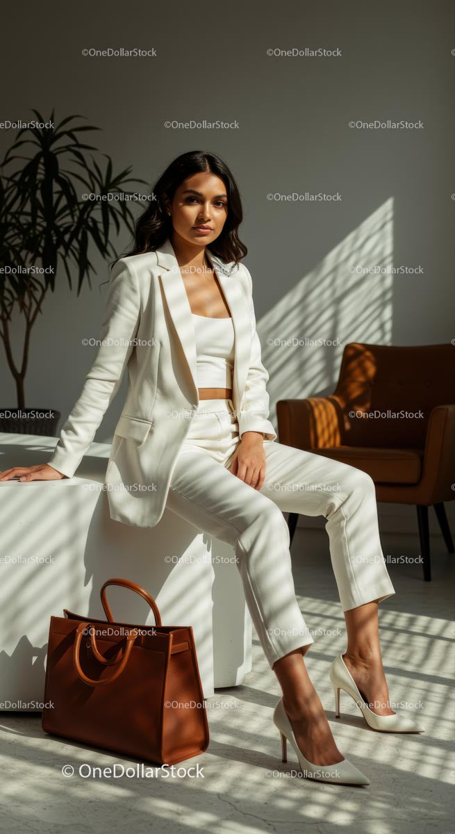 Elegancka kobieta w białym garniturze z brązową torebką w nowoczesnym biurze