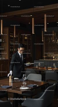 Elegant Waiter Serving in Upscale Restaurant Interior