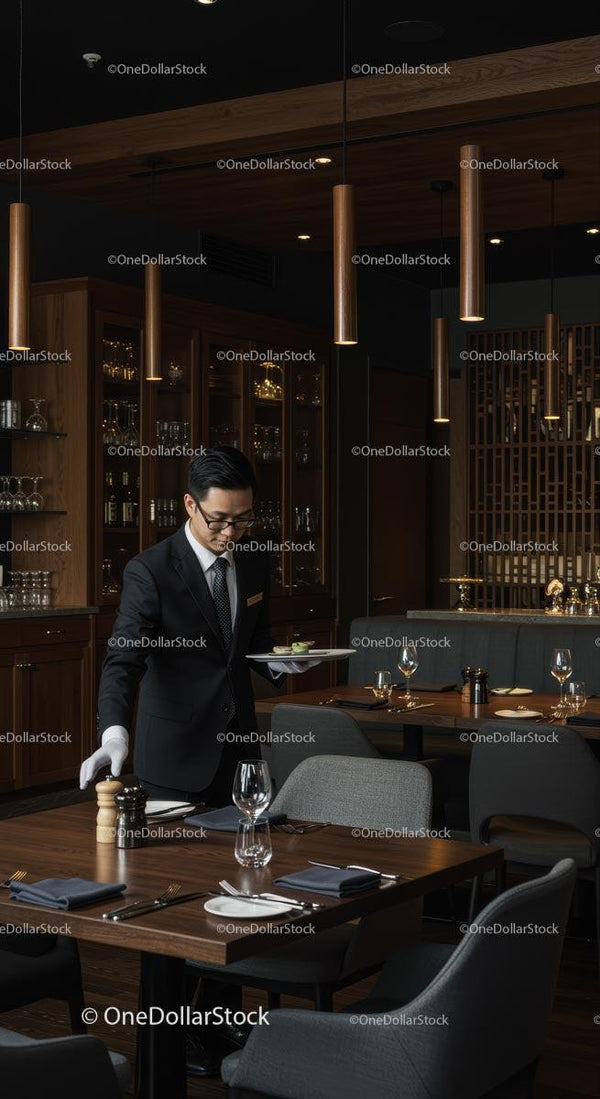 Elegant Waiter Serving in Upscale Restaurant Interior