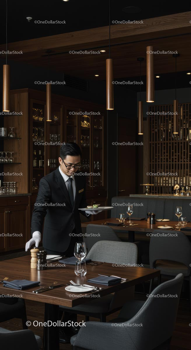 Elegant Waiter Serving in Upscale Restaurant Interior