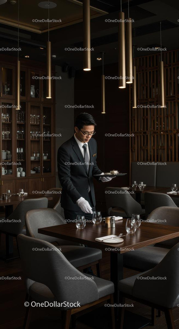 Professional Waiter in Elegant Restaurant Setting