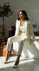 Elegant Woman in White Suit Relaxing in Modern Office